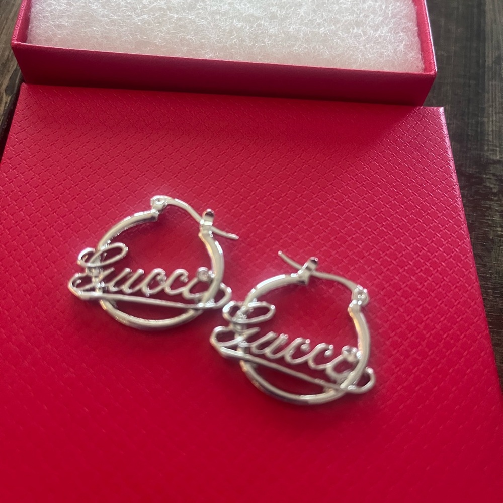 Gucci Silver Script Hoop Earrings - Picture 3 of 3